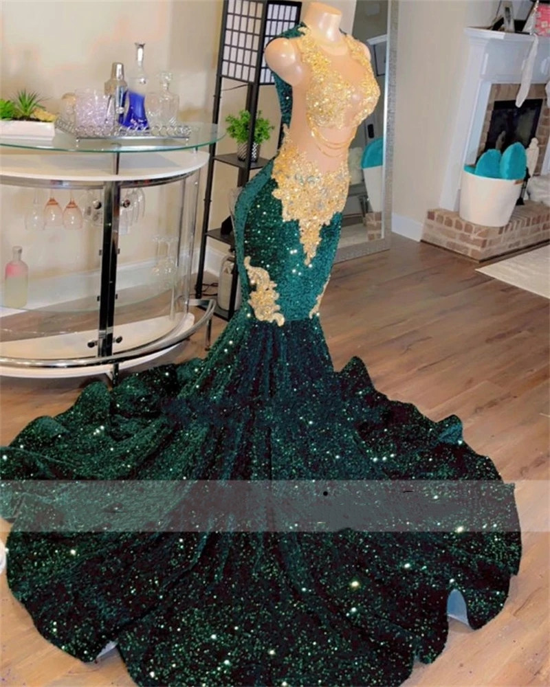 Sparkly Green Sequins Mermaid Prom Dresses 2023 For Black Girls Crystal Rhinestone Court Train Party Gown Robes De Bal