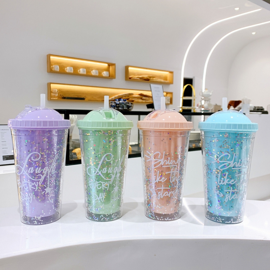 18.6oz Double-layer Plastic Straw Coffee Mug Tumblers Rainbow Sequin Star Glitter Powder Style Plastic Water Cup