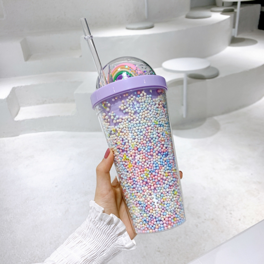 18.6oz Double-layer Plastic Straw Coffee Mug Tumblers Rainbow Sequin Star Glitter Powder Style Plastic Water Cup