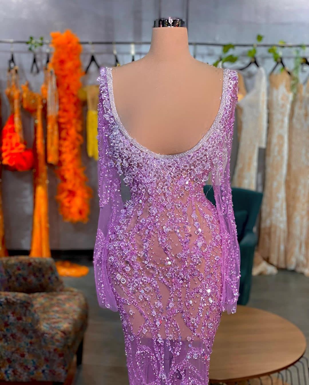 Purple Prom Dresses Long Sleeves V Neck Diamonds Appliques Shiny Sequins Beaded Floor Length Celebrity Formal Hollow Sexy Evening Dresses Plus Size Custom Made