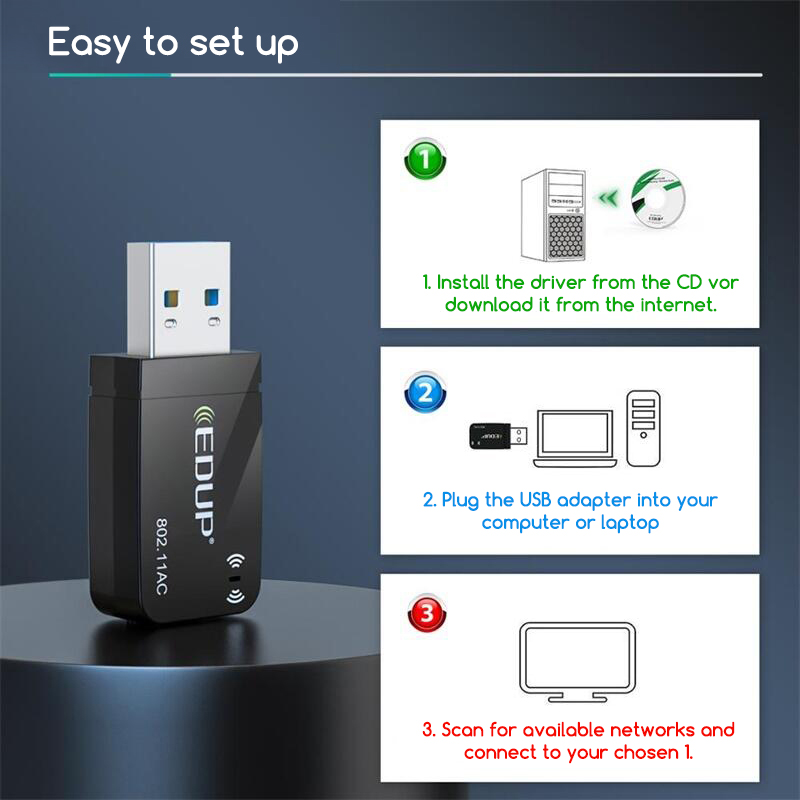 EDUP EP-AC1689 1300Mbit/s Mini USB WiFi Adapter Dual Band WiFi Network Card 5G/2,4 GHz Wireless AC USB-Adapter für PC Desktop Laptop Win11