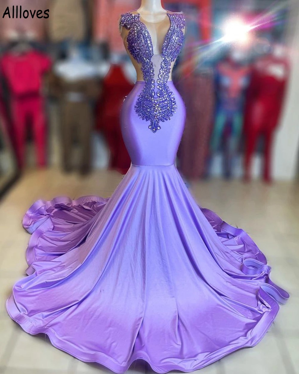 بلورات Sparkle Lavender Mermaid Dresses Prom Lunging V الرقبة العربية العربية Aso Ebi الرسمية للحفلات تنورة زائد الحجم نساء ثوب الاستقبال CL1802