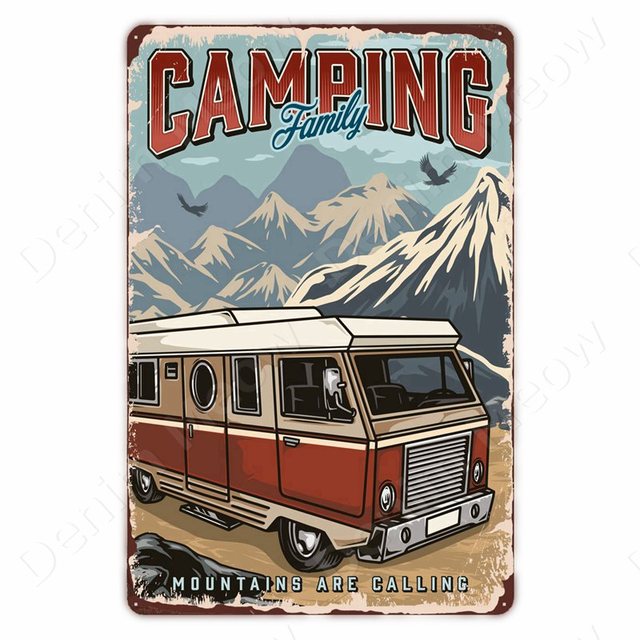 Camping Family Metal Painting Fishing Vintage Metal Tin Signs for Club Outdoor Hiking Wall Decorative Adventure Explore Retro Plaque 20cmx30cm Woo