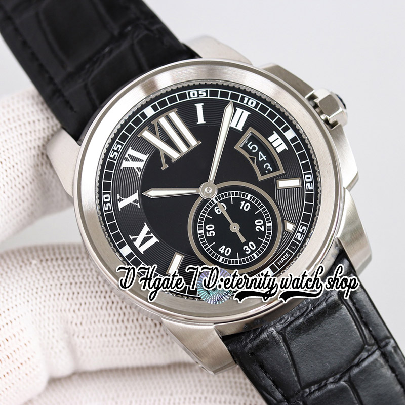 TWF F57100041 Caliber Mens Watch Cal.1904-PS MC 자동 42mm 빅 데이트 블랙 다이얼 스테인레스 스틸 케이스 로마 마커 가죽 스트랩 최신 버전 eternity Watches