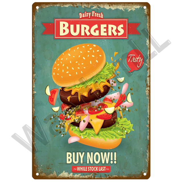 Fast Food Metallgemälde Sandwich Hamburger Süßes Essen Blechschild Plakette Vintage Restaurant Home Bar Cafe Küche Wanddekoration 20 cm x 30 cm Woo