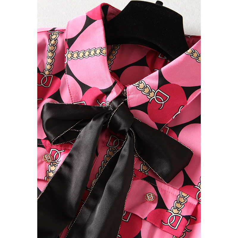 2023 스프링 핑크 리본 넥타이 보우 드레스 긴 소매 옷깃 목 벨트 미디 캐주얼 드레스 M3F084008