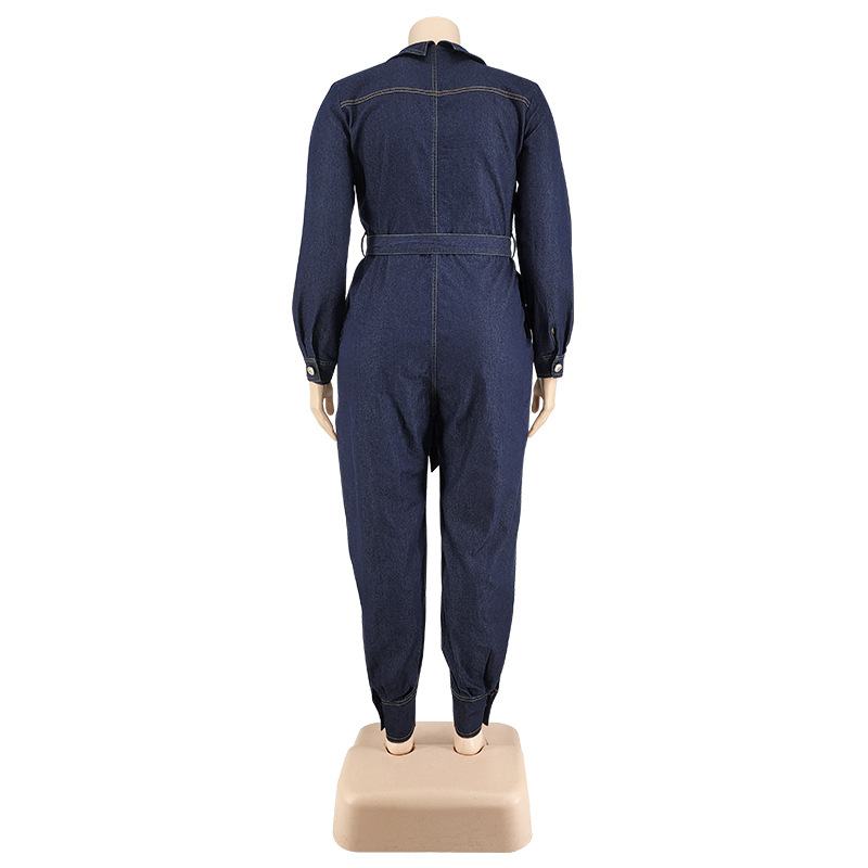 Tute taglie forti da donna Casual a maniche lunghe con scollo a V Tuta di jeans Vita alta Tute di un pezzo Jean Pagliaccetto Salopette intera con cintura