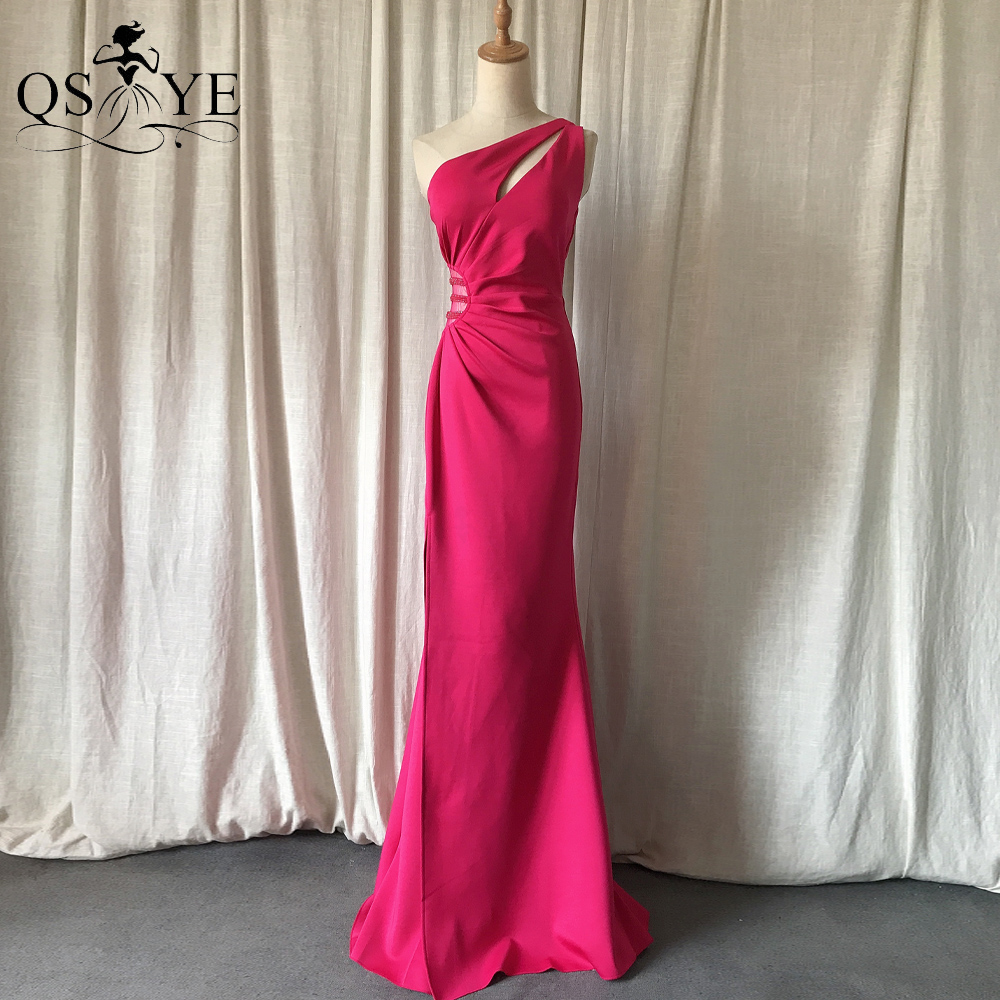 Qsyye um ombro fuschia vestidos de dama de honra vermelha com cintura de mi￧anja, vestido de festa sexy split