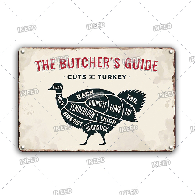 Vintage The Butcher Rehber Tin Poster Metal Boyama Retro Ev Mutfak Dekorasyon Aksesuarları Shabby Chic Cut'un Hayvan Teneke İşaretleri 20CMX30CM Woo