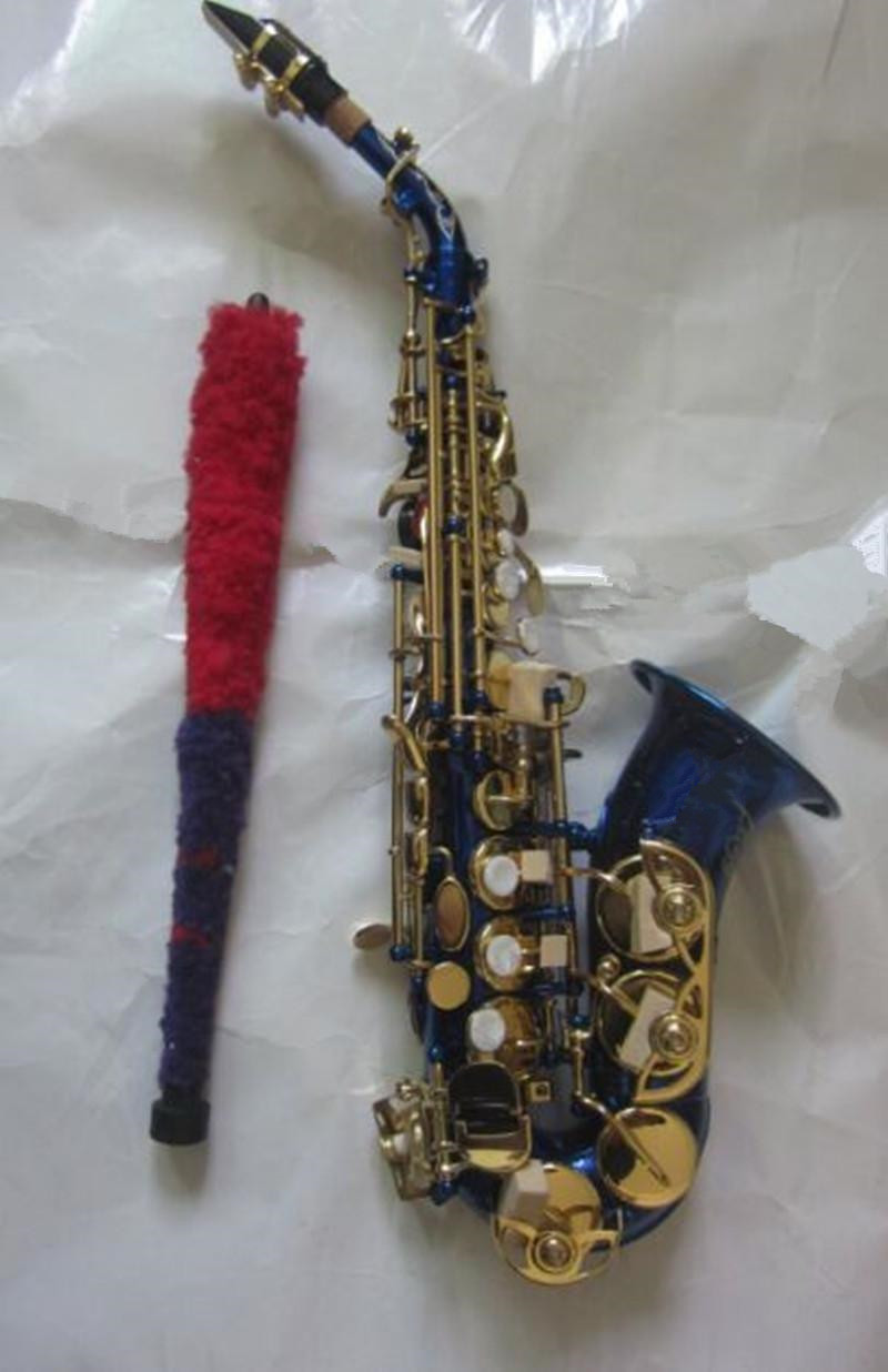 R54 petit cou incurvé saxophone soprano si plat en laiton de haute qualité saxo plaqué bleu clé en or avec embout en cuir