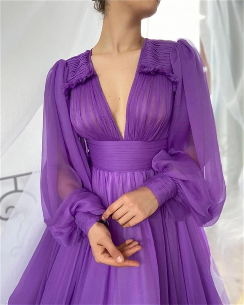 Элегантные фиолетовые шелковые шифоновые платья выпускного вечера с длинными рукавами-пуховками A Line V-образным вырезом с драпированным верхом в стиле ампир Простые вечерние платья