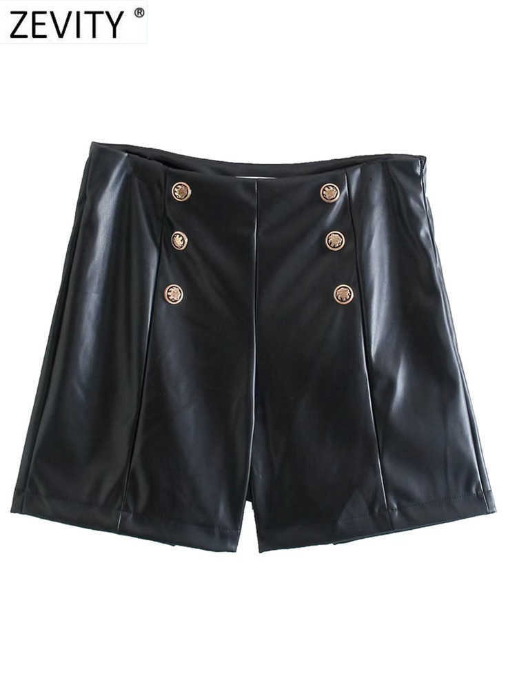 Women's Shorts ZEVITY Women Fashion Double Buttons Decoration PU Leather Office Lady Side Zipper Hot Chic Pantalone Cortos P2383 Y2302