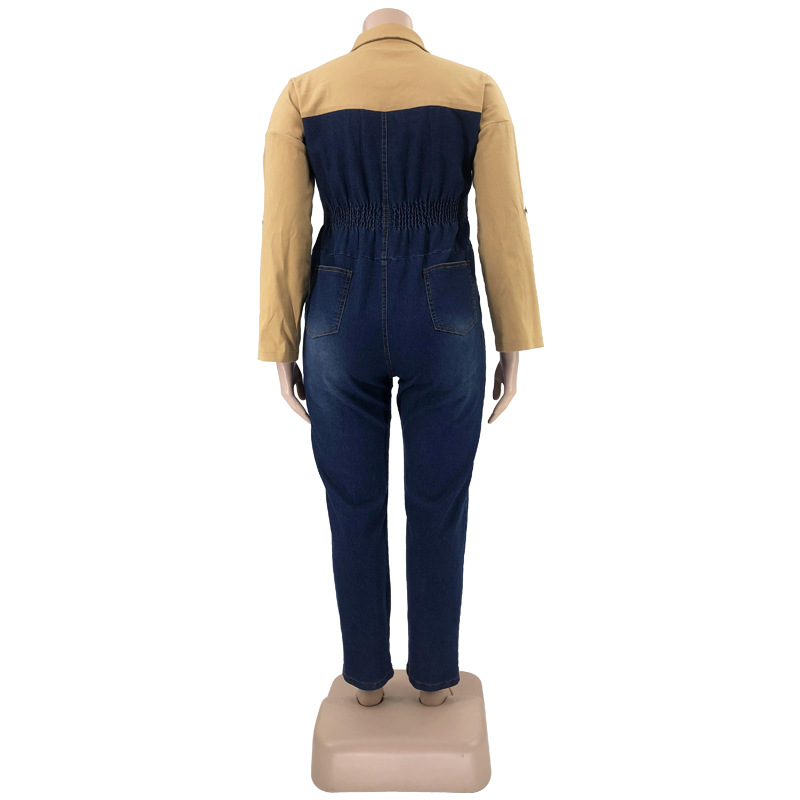 Tute taglie forti da donna Colore a contrasto Tuta di jeans a maniche lunghe casual Tuta intera in jeans Tuta intera