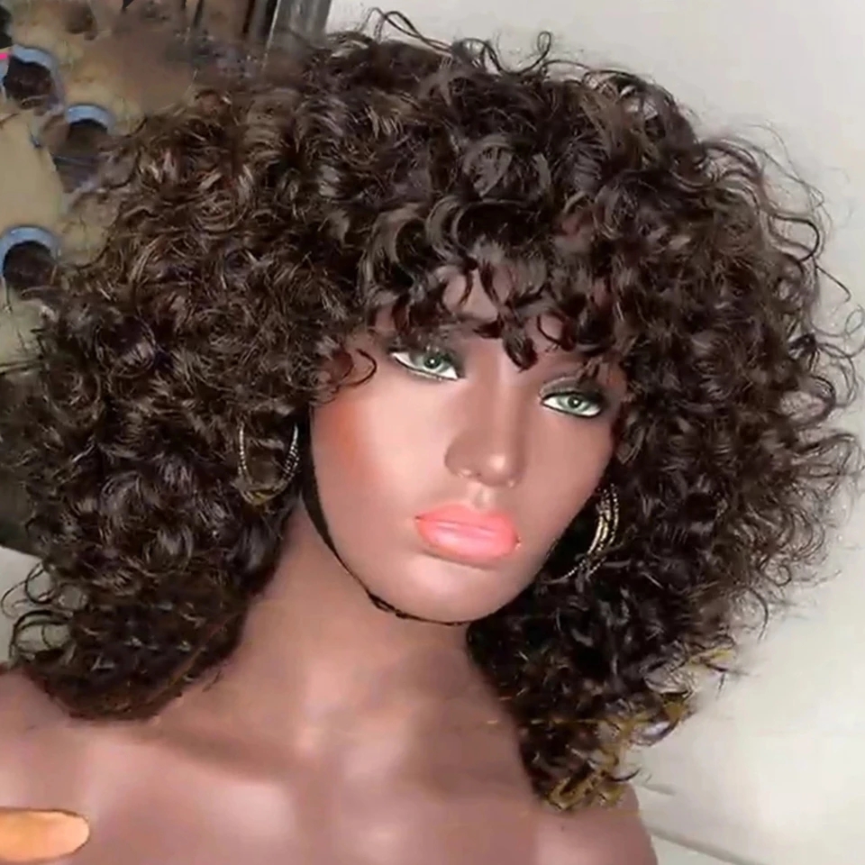 Afro kinky curly bob bobs machine القصير الكامل صنع شعر مستعار مع الانفجارات البرازيلية البرازيلية البرازيلية remy الشعر البشري للنساء السوداء 150 ٪ الكثافة اللون الطبيعي