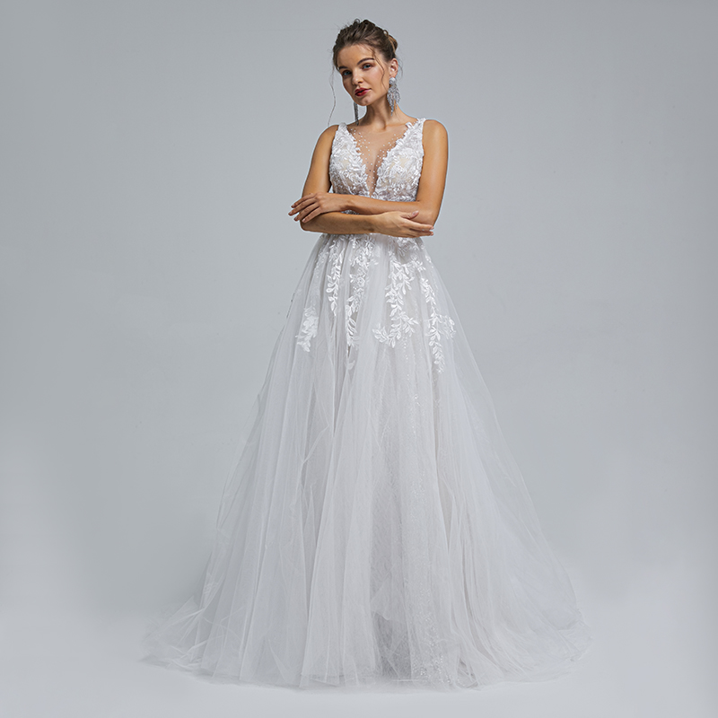 Deep V Light Luxury Bridal Small Tug Abito da sposa Elegante fantasia francese ST003