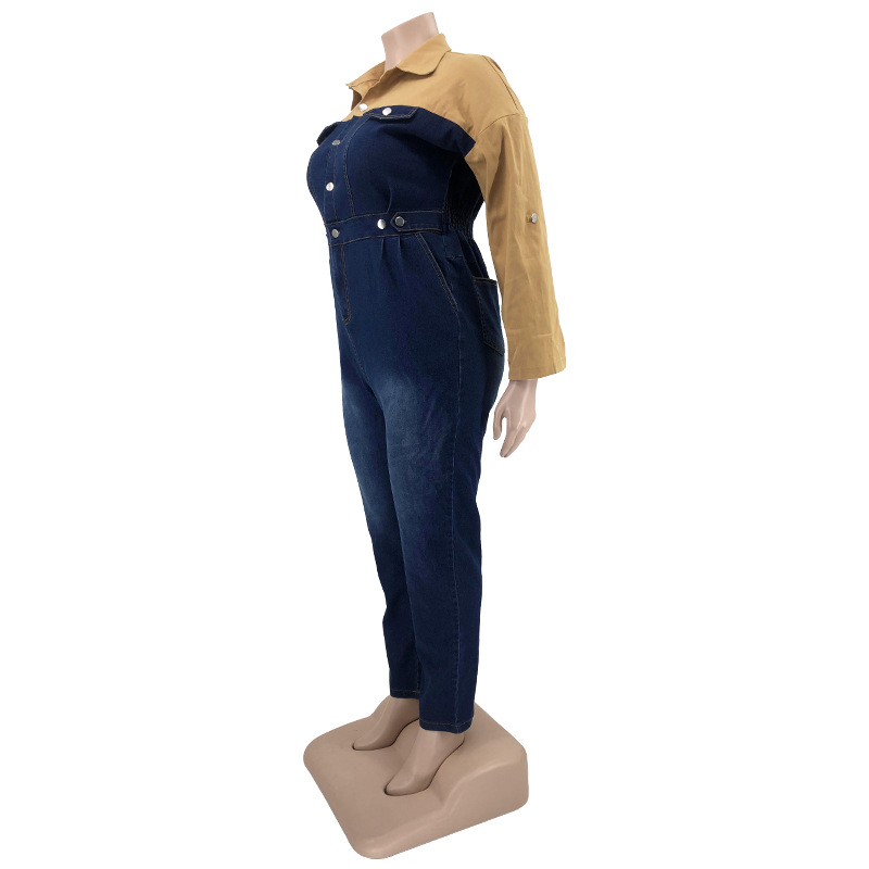 Tute taglie forti da donna Colore a contrasto Tuta di jeans a maniche lunghe casual Tuta intera in jeans Tuta intera