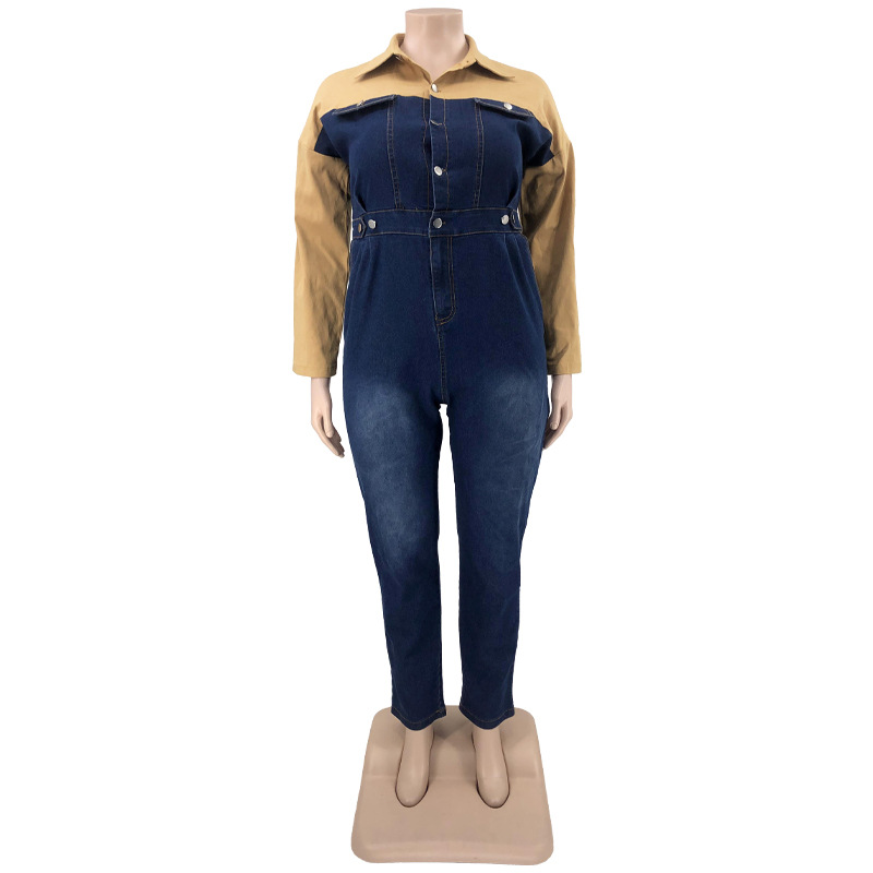 Tute taglie forti da donna Colore a contrasto Tuta di jeans a maniche lunghe casual Tuta intera in jeans Tuta intera