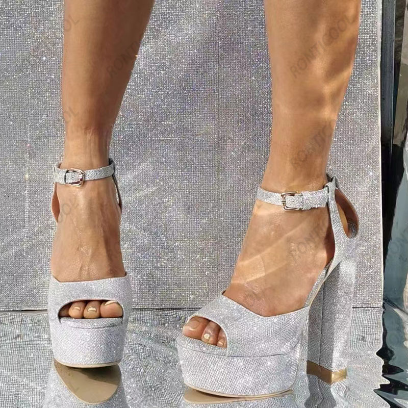 Ronticool 2022 El Yapımı Kadın Platform Parlak Sandalet Seksi Tıknaz Topuk Peep Toe Güzel Gümüş Elbise Ayakkabı Boyutu 35 43 45 47 52