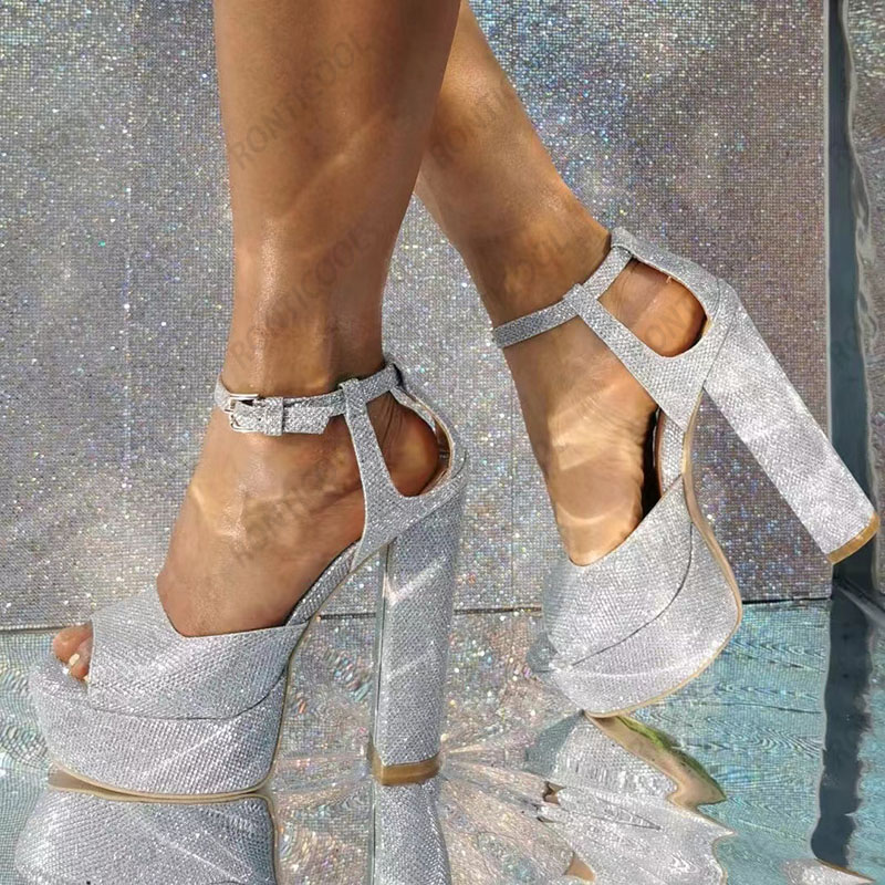 Ronticool 2022 El Yapımı Kadın Platform Parlak Sandalet Seksi Tıknaz Topuk Peep Toe Güzel Gümüş Elbise Ayakkabı Boyutu 35 43 45 47 52