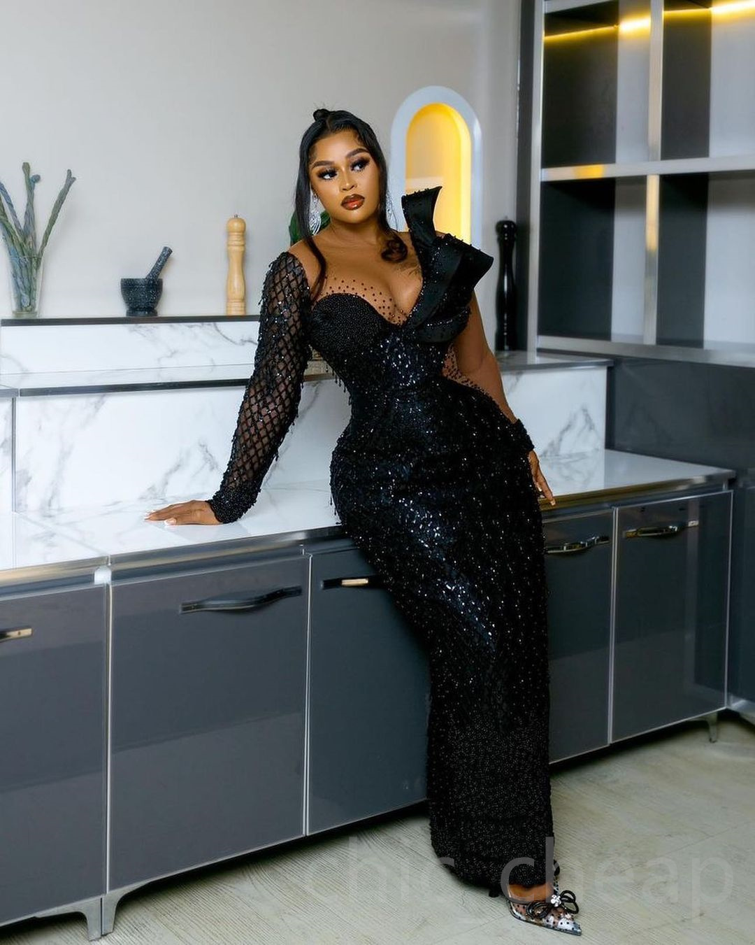 2023 Arabic Aso Ebi Sheath Black Prom Dresses Beaded Sequined Lace Evening Formal Party Second Reception Birthday Engagement Bridesmaid Gowns Dress ZJ946