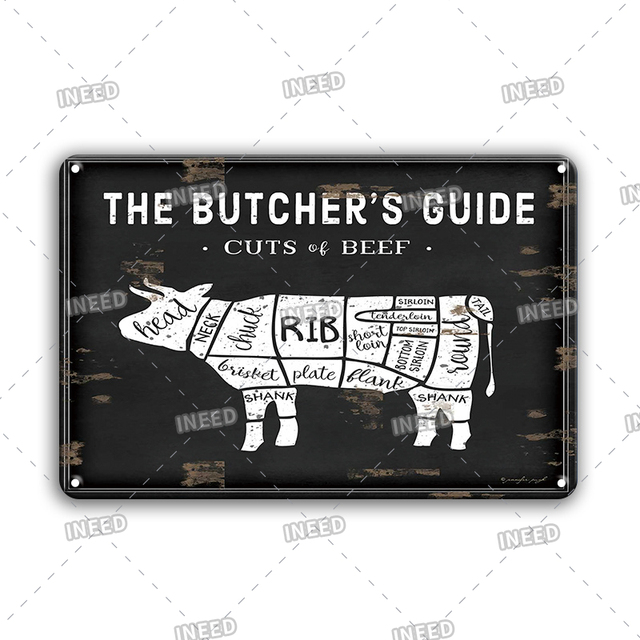 Zabawne cięcie wieprzowiny kaczki rybne znak Tin znak Vintage The Butcher's Guide Metal Talerz Decor Plaques Retro Restauror Kitchen Spot Decoration Znaki 30x20cm W01