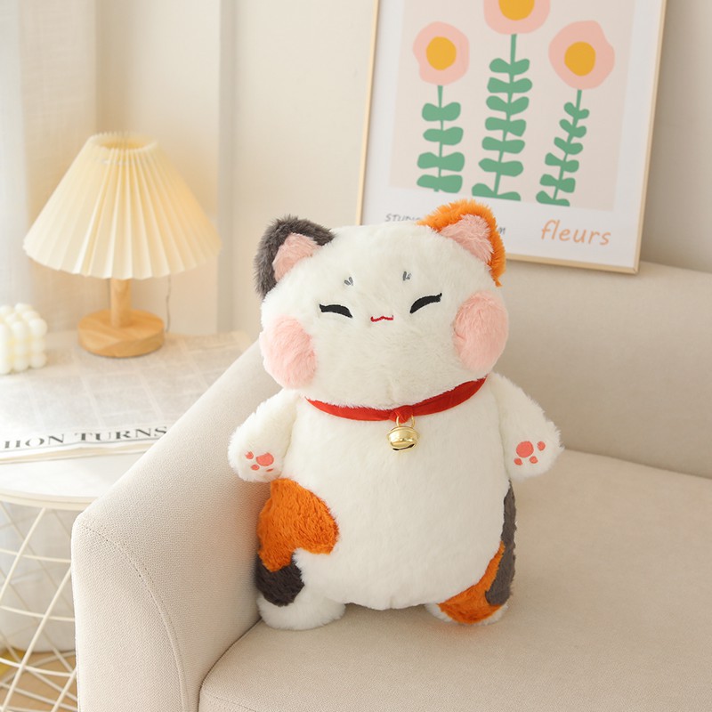 Japan Calling Bring Fortune Cats Plushie Toy Animals Flower Orange White Cats Throw Pillow Neck Bell Decor Collana Kid Toys LA511