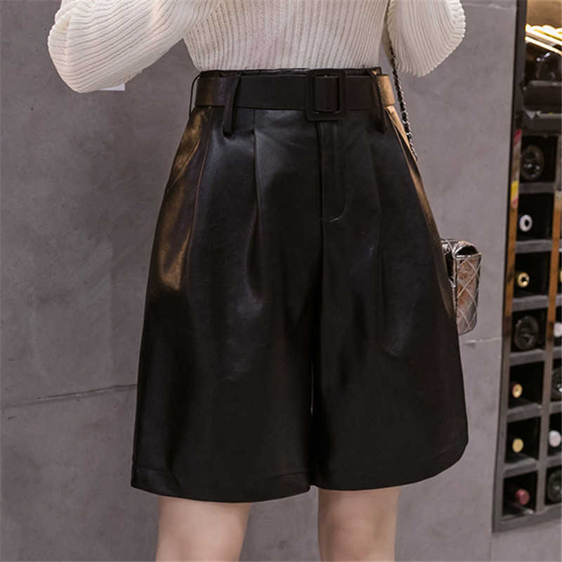 Shorts pour femmes séoulish 2021 nouveau automne hiver cuir PU avec ceinture élégant taille haute poches larges jambes dames pantalons Y2302