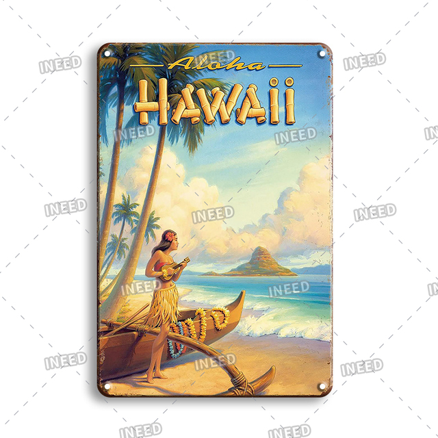 Cenário de praia engraçado Poster de metal tiki bar lata sinal vintage placa de metal vintage retro havaí paisagem de pintura de ferro sinais de pintura de homem cave bar de arte decoração de parede de arte 30x20cm