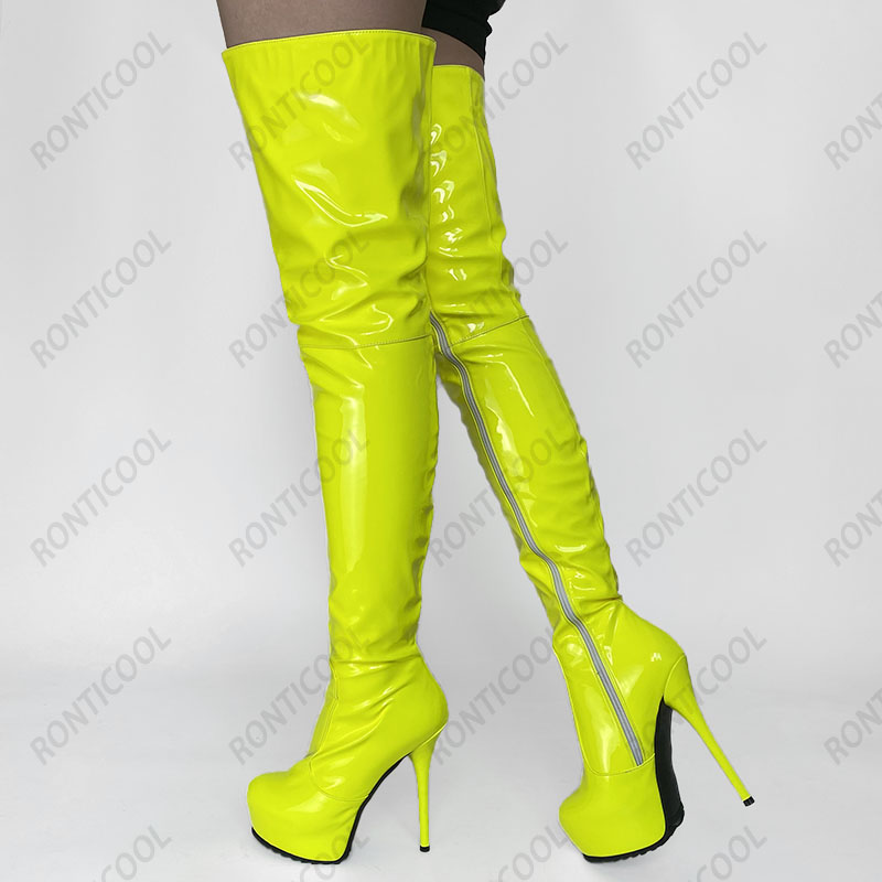 Ronticool Neue Winter-Frauen-Oberschenkel-Stiefel, Lack-Seitenreißverschluss, Stiletto-Absätze, runde Zehen, wunderschöne lila Party-Schuhe, US-Größe 5–20