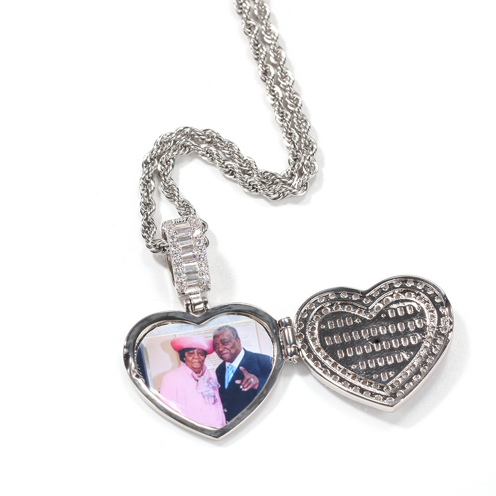 Personnalisé Photo Amour Coeur Pendentif Collier Bling Cubic Zirconia Hip Hop 18K Plaqué Or Personnalisé DIY Photo Bijoux Bijoux Cadeaux pour Couple Amoureux