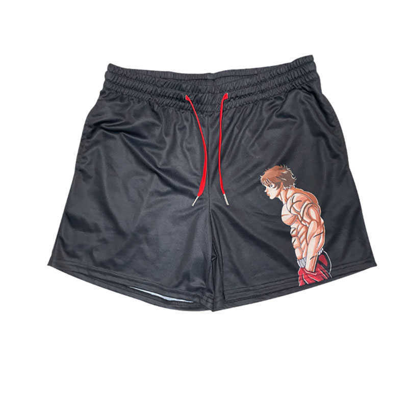 Herr shorts japanska anime shorts baki haman tryck man gata streetwear strand korta byxor avslappnade löst män elastiska midja svarta shorts plus storlek t230209