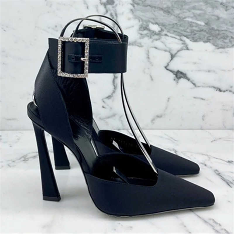 Sandals Runway Black Women Pumps Square To High Heels Satin Crystal Gladiator Sandals Ankle Strap Party Dress Shoes Ladies Stiletto T230208