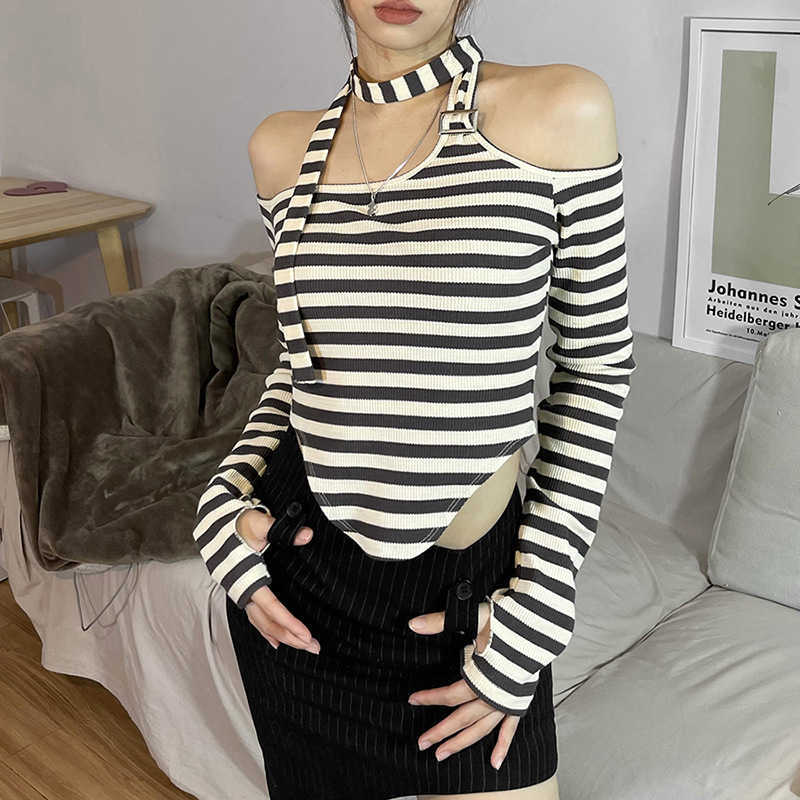 Women's T-Shirt European American 2023 Spring New Pullover Clothing Fashion Striped Sexy Backless Long-sleeved One-shoulder T-shirt Y2302