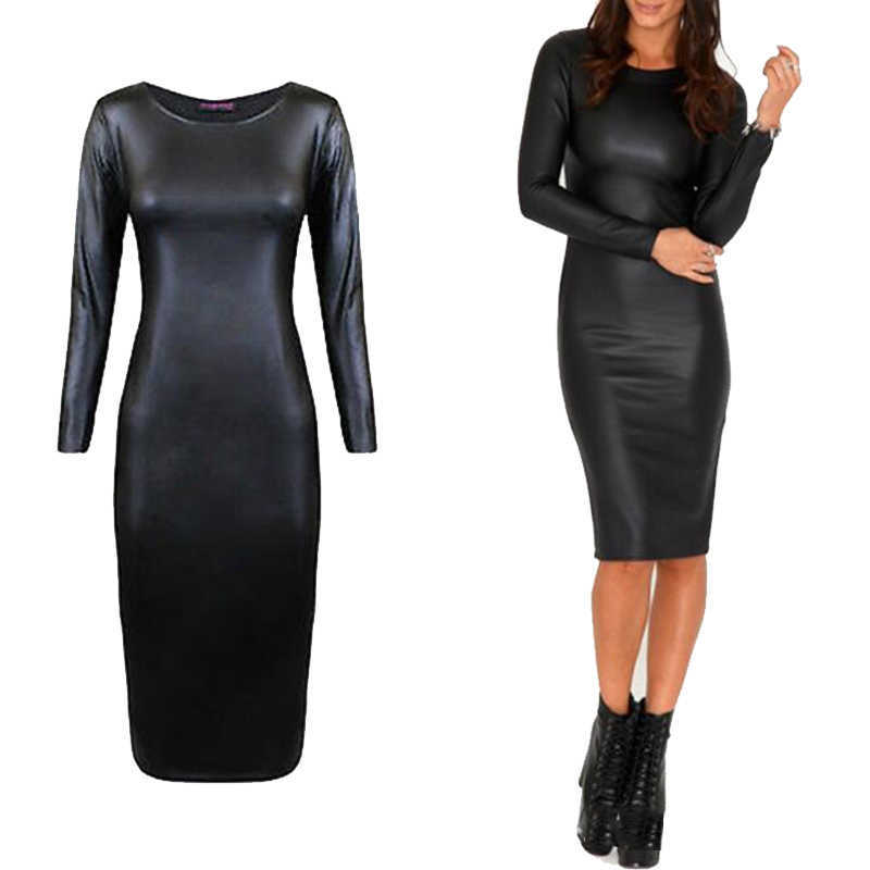 Casual Dresses Ladies Sexy Nightclub Dress Faux Leather Long Sleeve O-Neck Knee Bag Hip Tight Pencil Feminino Vestido Y2302