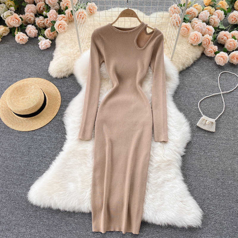 Casual jurken breien met lange mouwen uit holte uit sexy dames maxi jurk elegant chic bodycon mode geribbelde massief zwart gewaad pullover vestidos y2302