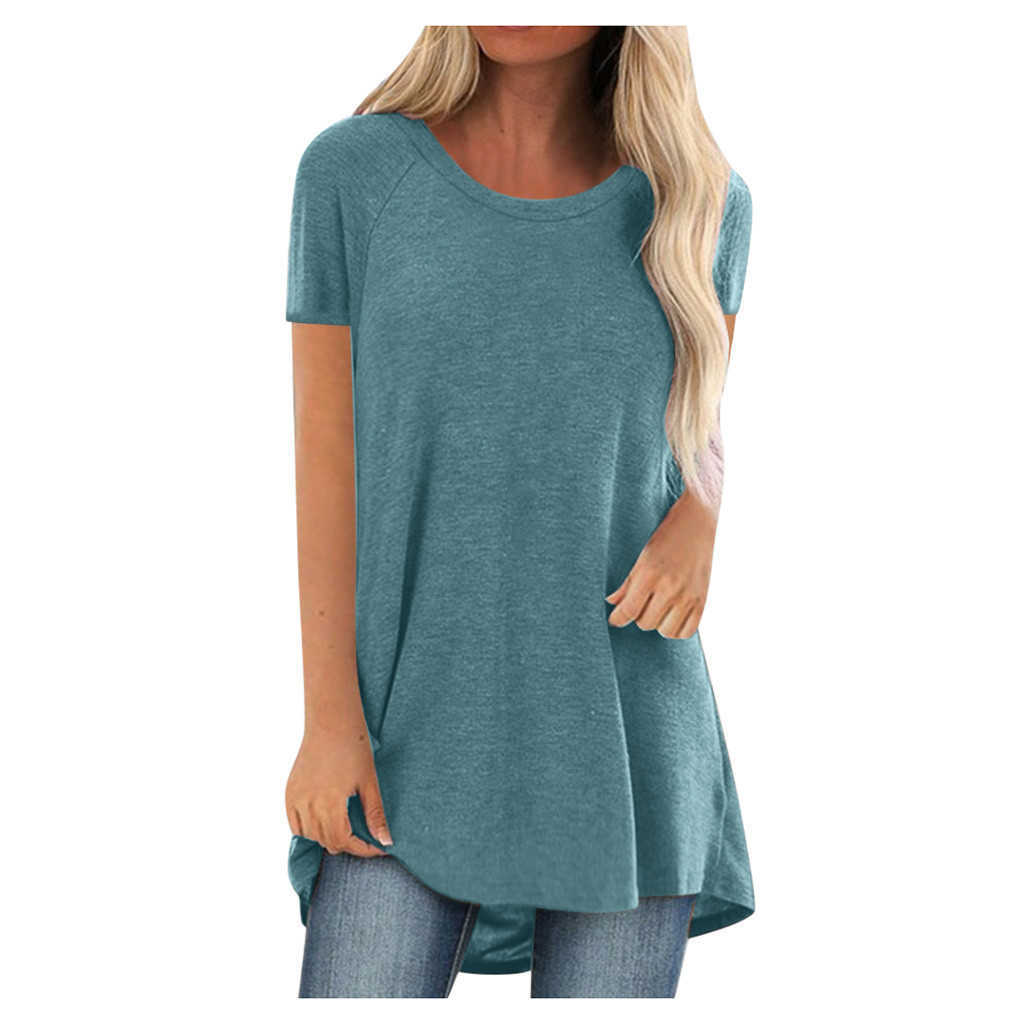 T-shirt Femme 5XL Plus Taille Tunique Soild Mode Chemises longues Col rond Manches courtes Blouses décontractées Été Femmes Vêtements Bluzka Damska Y2302