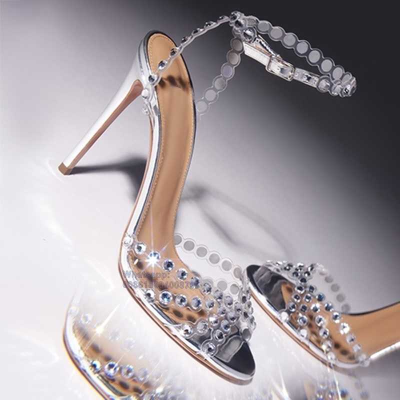 Sandals Abesire Crystal Sandals Peep Toe Ankle Buckle Strap Thin High Heels Sandals Woman Summer Lady Big Size Stilettos Shoes On Heels T230208