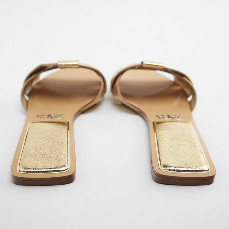 صندل Traf Summer 2022 Women's Flat Slippers Sandals Gold Flat Criss-Cross Leather Slider Sandals Woman Luxury Slingback Shoes T2302