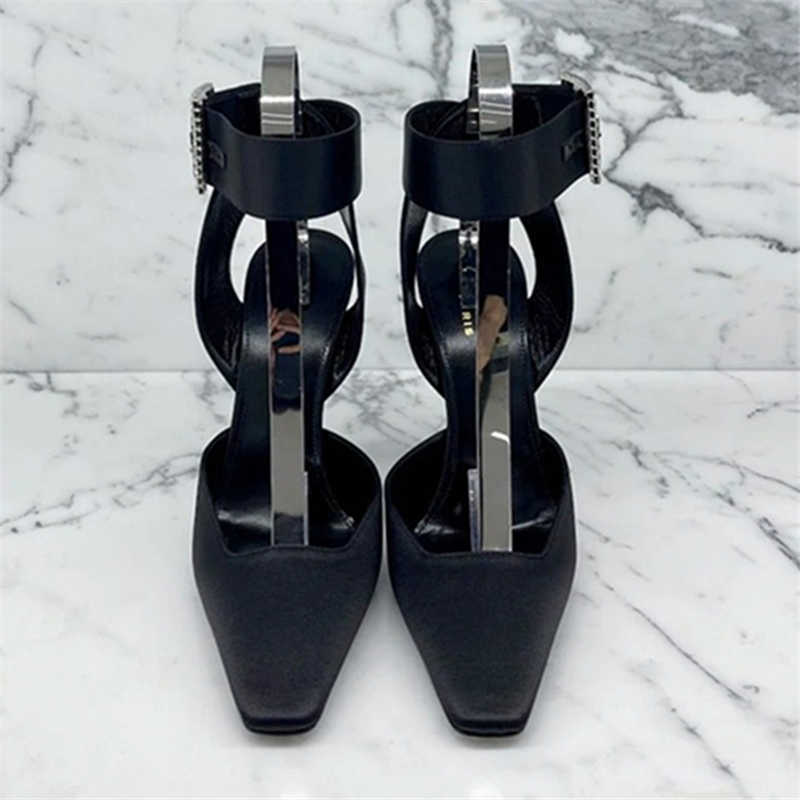 Sandals Runway Black Women Pumps Square To High Heels Satin Crystal Gladiator Sandals Ankle Strap Party Dress Shoes Ladies Stiletto T230208