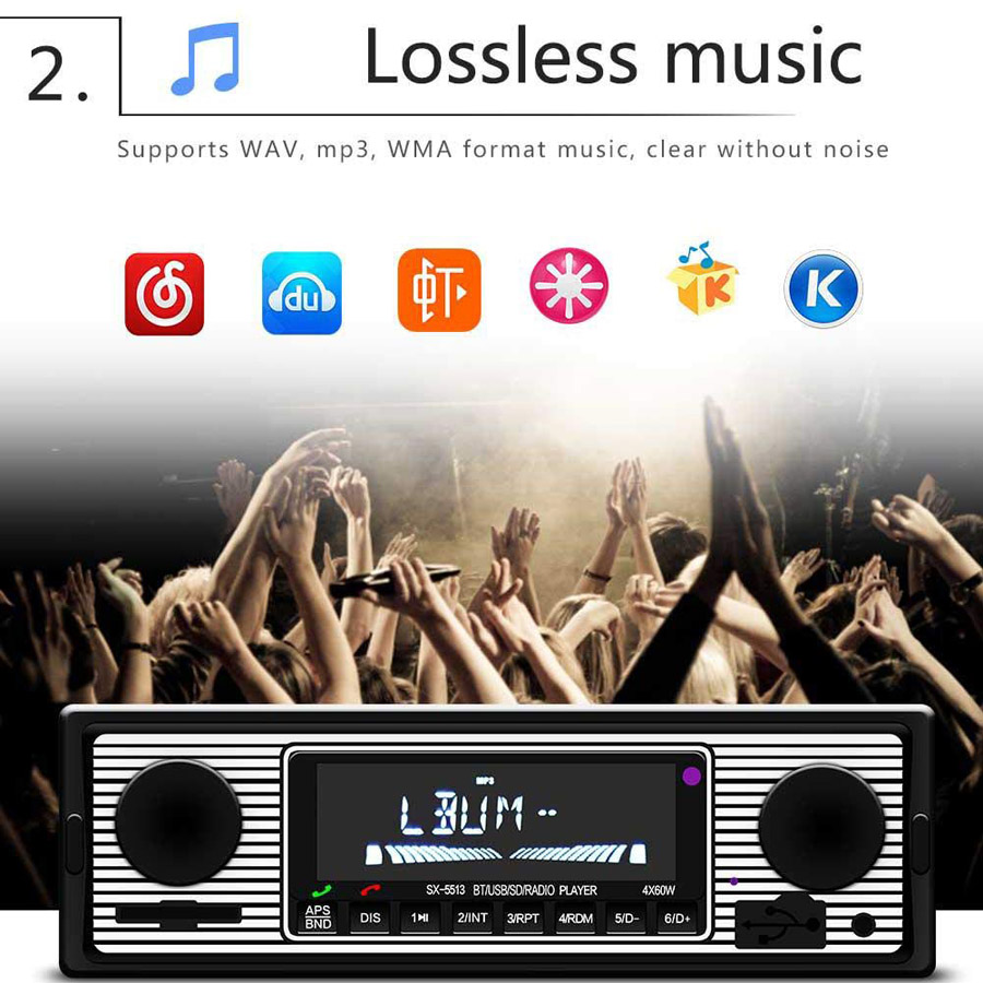 단일 Din Bluetooth 라디오 자동차 스테레오 오디오 빈티지 무선 무선 MP3 멀티미디어 플레이어 AUX USB FM 12V 클래식 스테레오 오디오 플레이어 5513