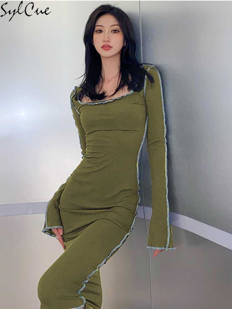 Casual Dresses Sylcue Top Line Solid Color Slim Square Neck Simple And Generous Sexy Mature Feminine Commuter Women's Long Dress Y2302
