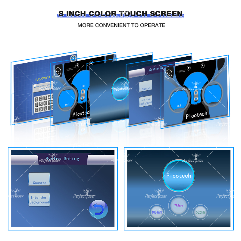Q 스위치 레이저 ND YAG 피코 초 치료 모든 색상 문신 제거 립 라인 제거 5 백만 장면 2500W 8 인치 컬러 터치 스크린