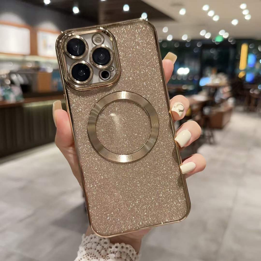 iPhone 15 14 Plus Pro Max 13 12 11 CD Metallic Sparkly Paper Sparkle Plated Soft TPU Fine Hole Camera Lens Protector Skineの豪華なキラキラ磁気電話ケース