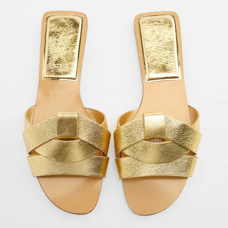 Sandals TRAF Summer 2024 Women's Flat Slippers Sandals Gold Flat Criss-Cross Leather Slider Sandals Woman Luxury Slingback Shoes T2302