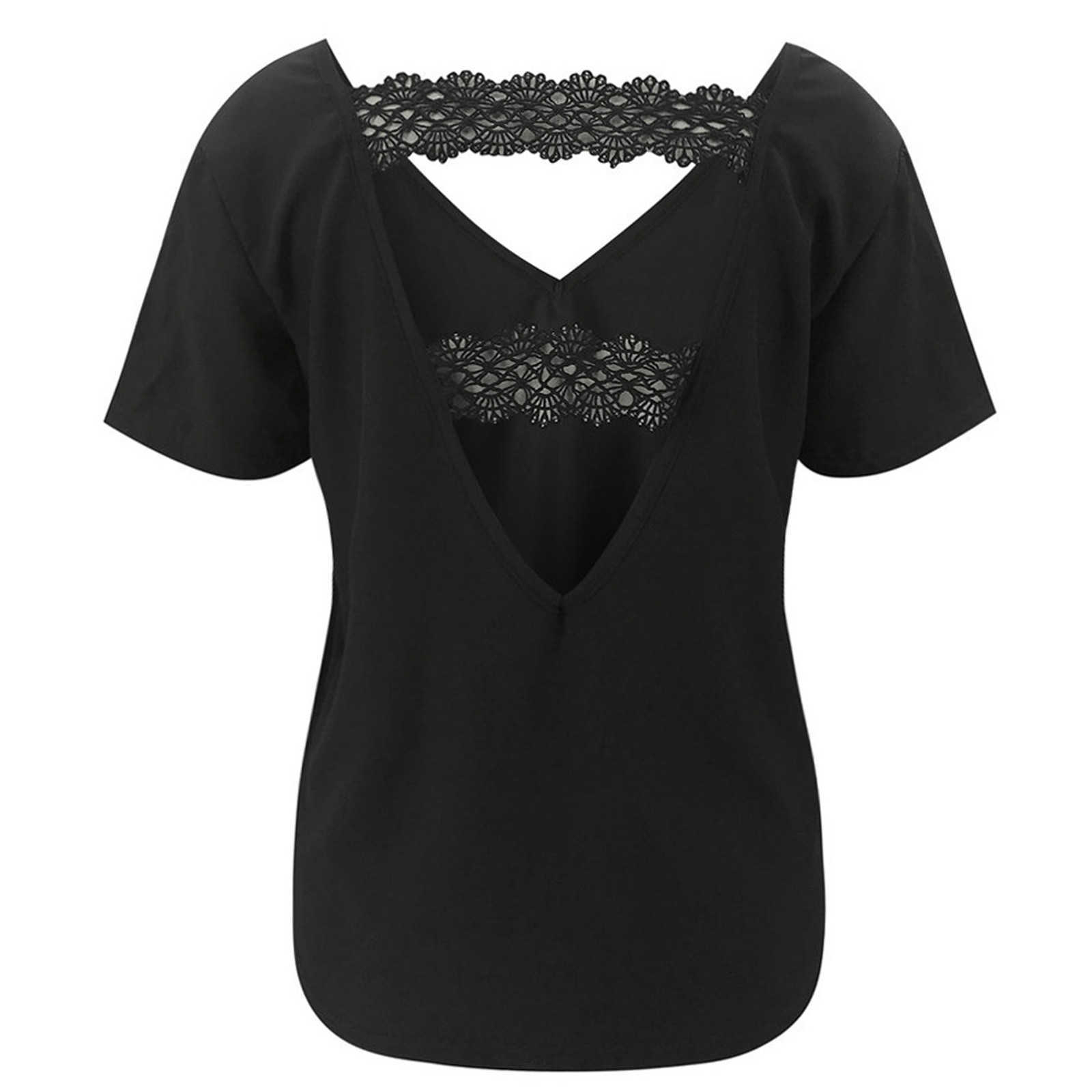 Kvinnors t-shirt S-XL Chemise Blanche Fashion Women Solid SHORT SLEEVE LACE HOLLOW OUT SLIM SEXY CASUAL BLOUSE TOPS V-NECK Temperament T5 Y2302