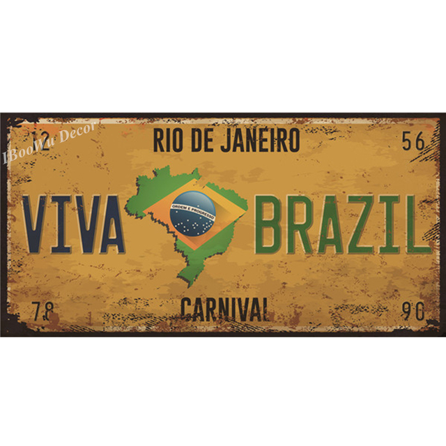 Vintage Brazilië Auto Number Poster Kenteken Populaire stad Brazilië Nationale vlag Retro tinnen borden Home Decor Stickers 15x30cm Woo