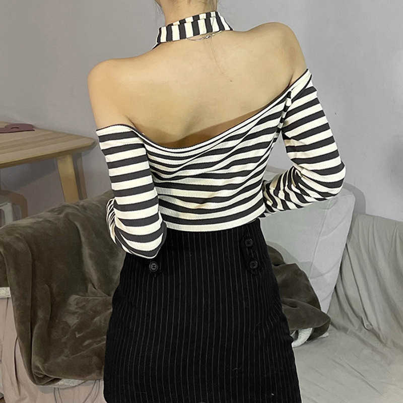 Women's T-Shirt European American 2023 Spring New Pullover Clothing Fashion Striped Sexy Backless Long-sleeved One-shoulder T-shirt Y2302