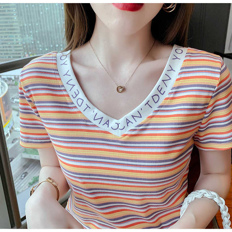 Women's T-Shirt Summer New Rainbow Stripe Short Sleeve T-shirt Women Korean V-neck Top Womens Blouses Tops Slim Sexy Y2302