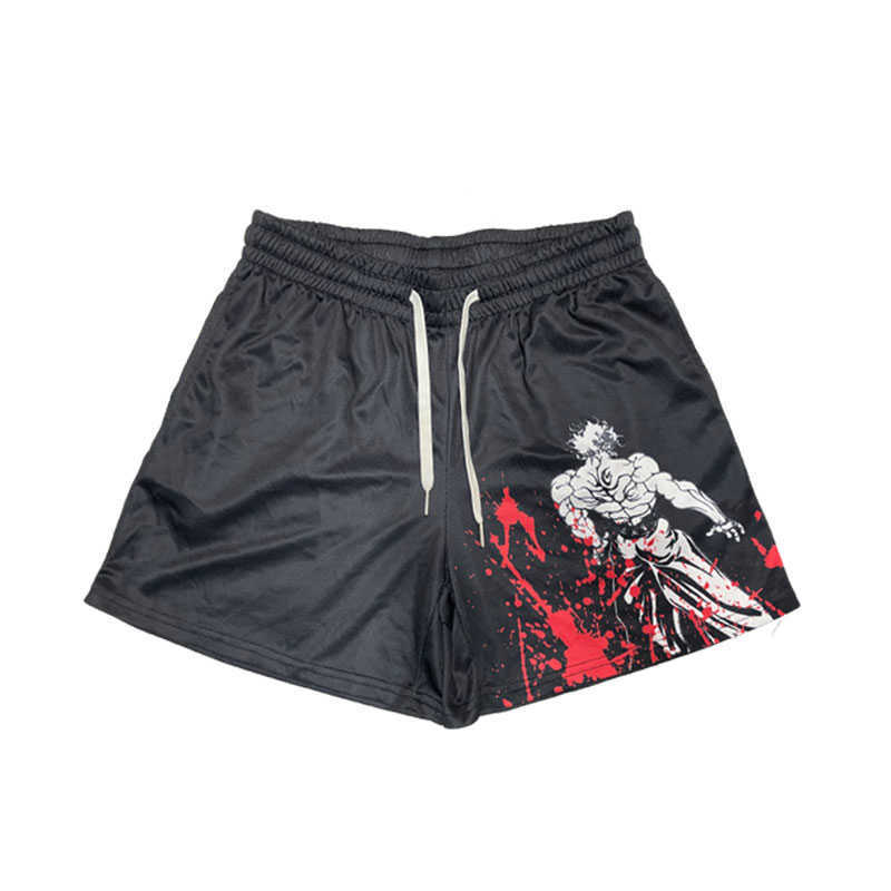 Herr shorts japanska anime shorts baki haman tryck man gata streetwear strand korta byxor avslappnade löst män elastiska midja svarta shorts plus storlek t230209