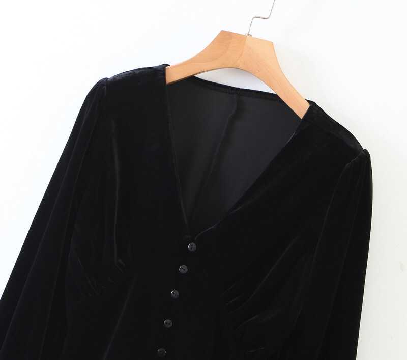T-Shirt femme français noir velours chemise rétro 2020 femme col en V taille mince simple boutonnage manches longues Blouse velours hauts Y2302